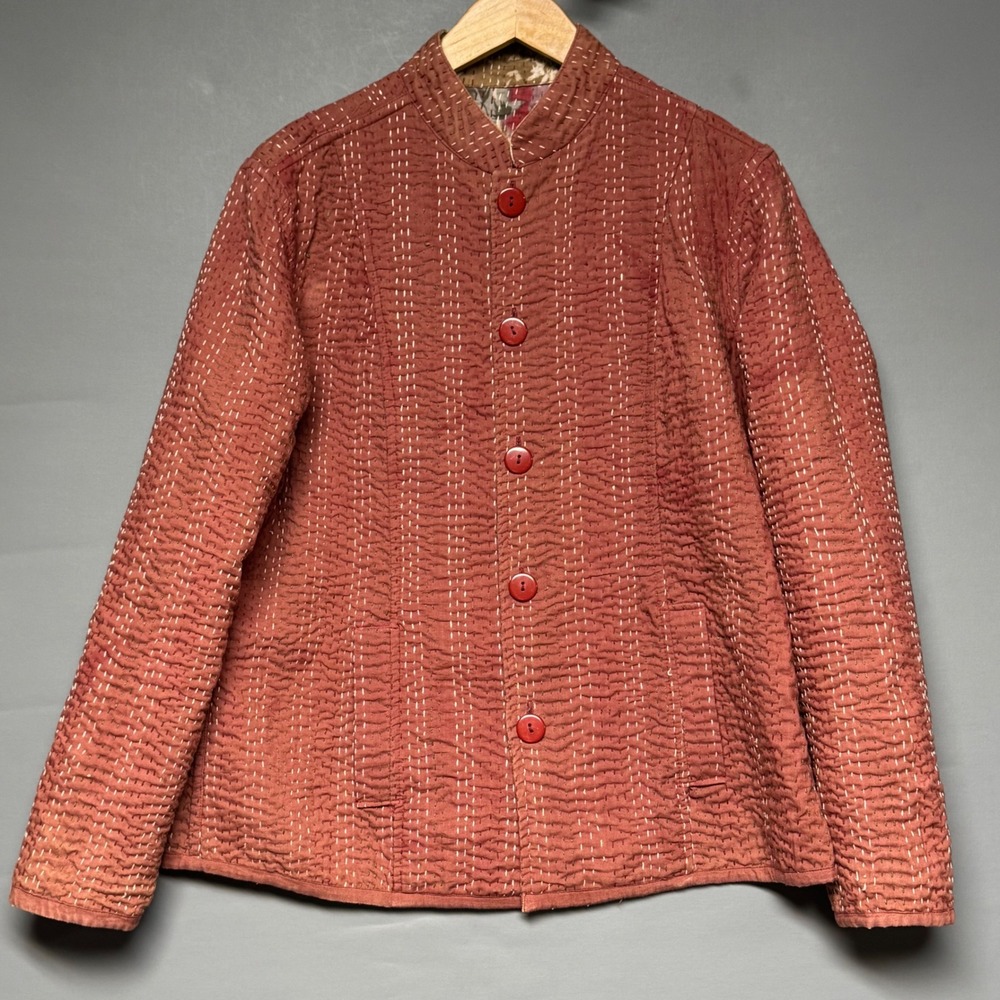 Casual Studio Reversible Quilted Kantha Jacket Floral Terracotta Cotton Size M - Picture 2 of 7